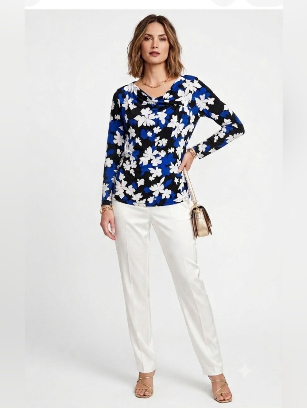 Liz Claiborne Blue Black White Floral Asymmetric Neckline Blouse Large - Picture 12 of 13